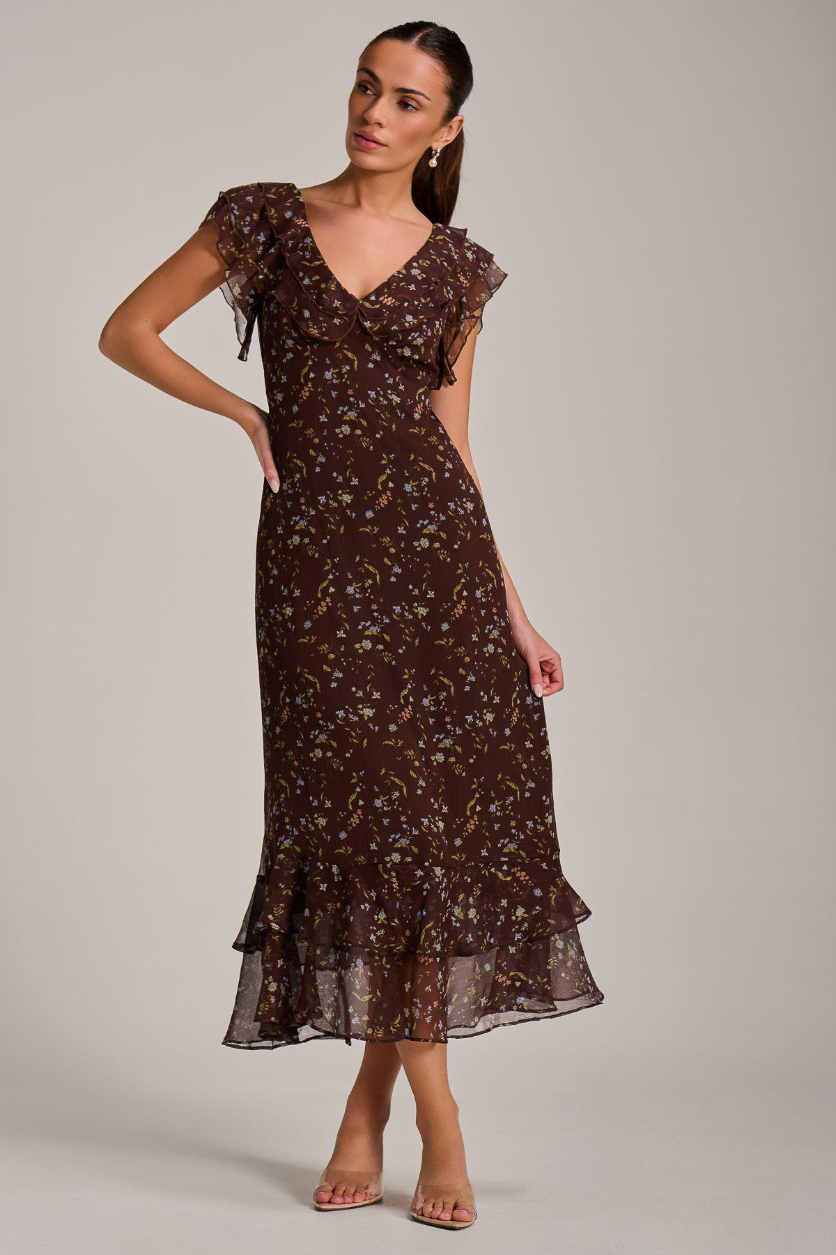 Ruffle V Neckline Chiffon Midaxi Dress by JOLIE MOI