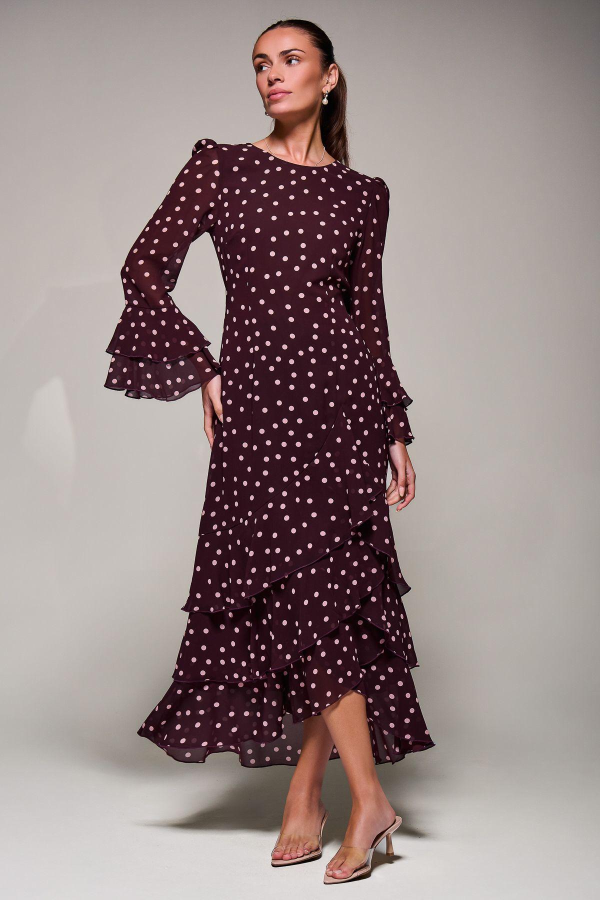 Ruffled Long Sleeve Tiered Chiffon Midaxi Dress by JOLIE MOI
