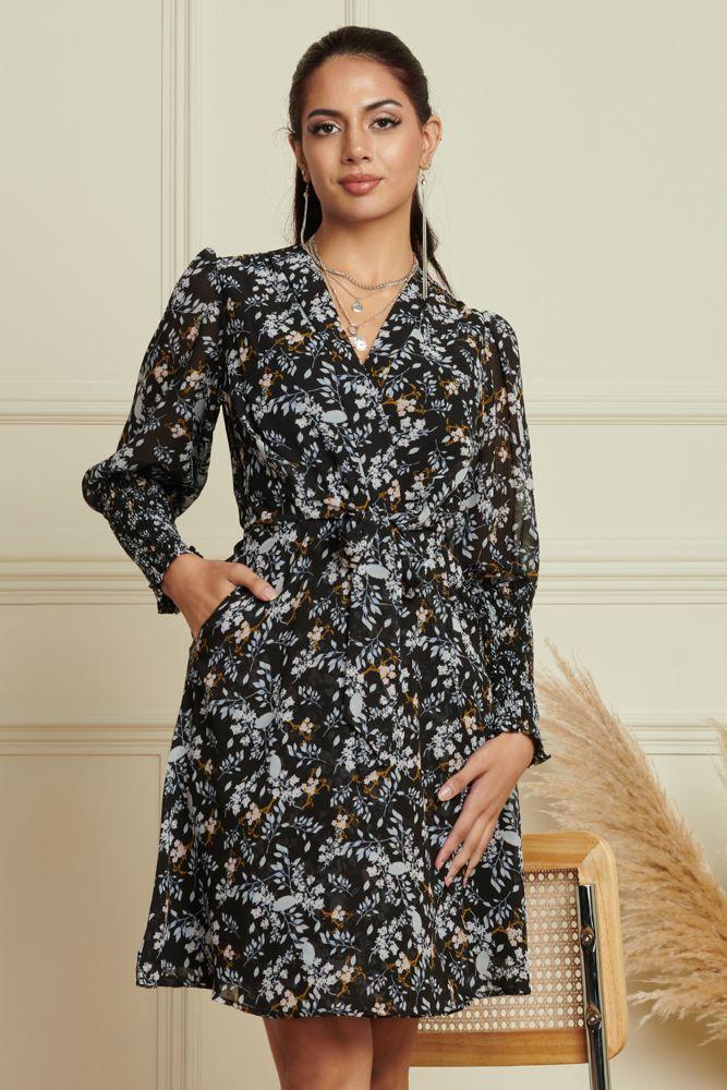 Shirred Cuff Tie Waist Dress by JOLIE MOI