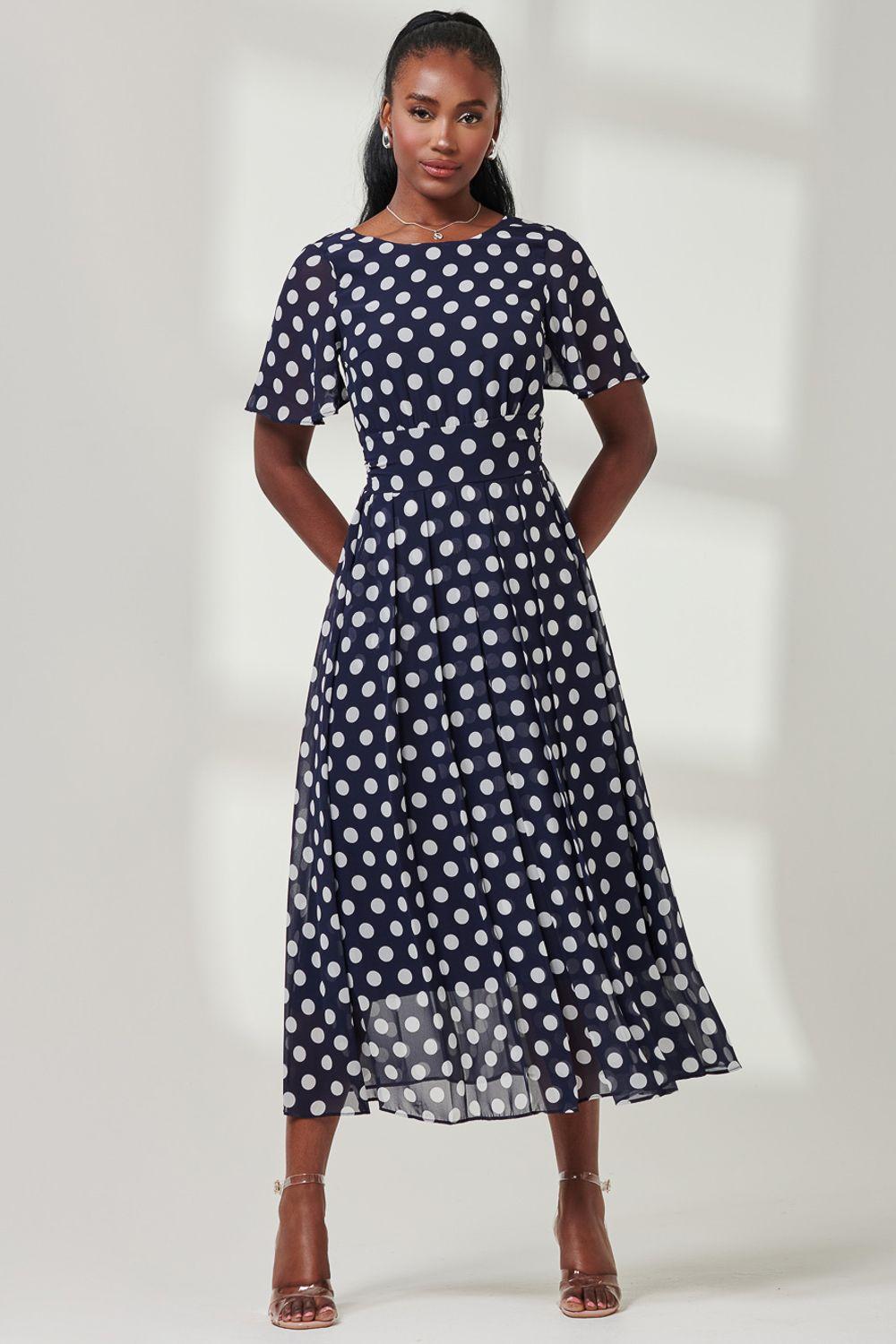 Spotted Chiffon Fit & Flare Midi Dress by JOLIE MOI