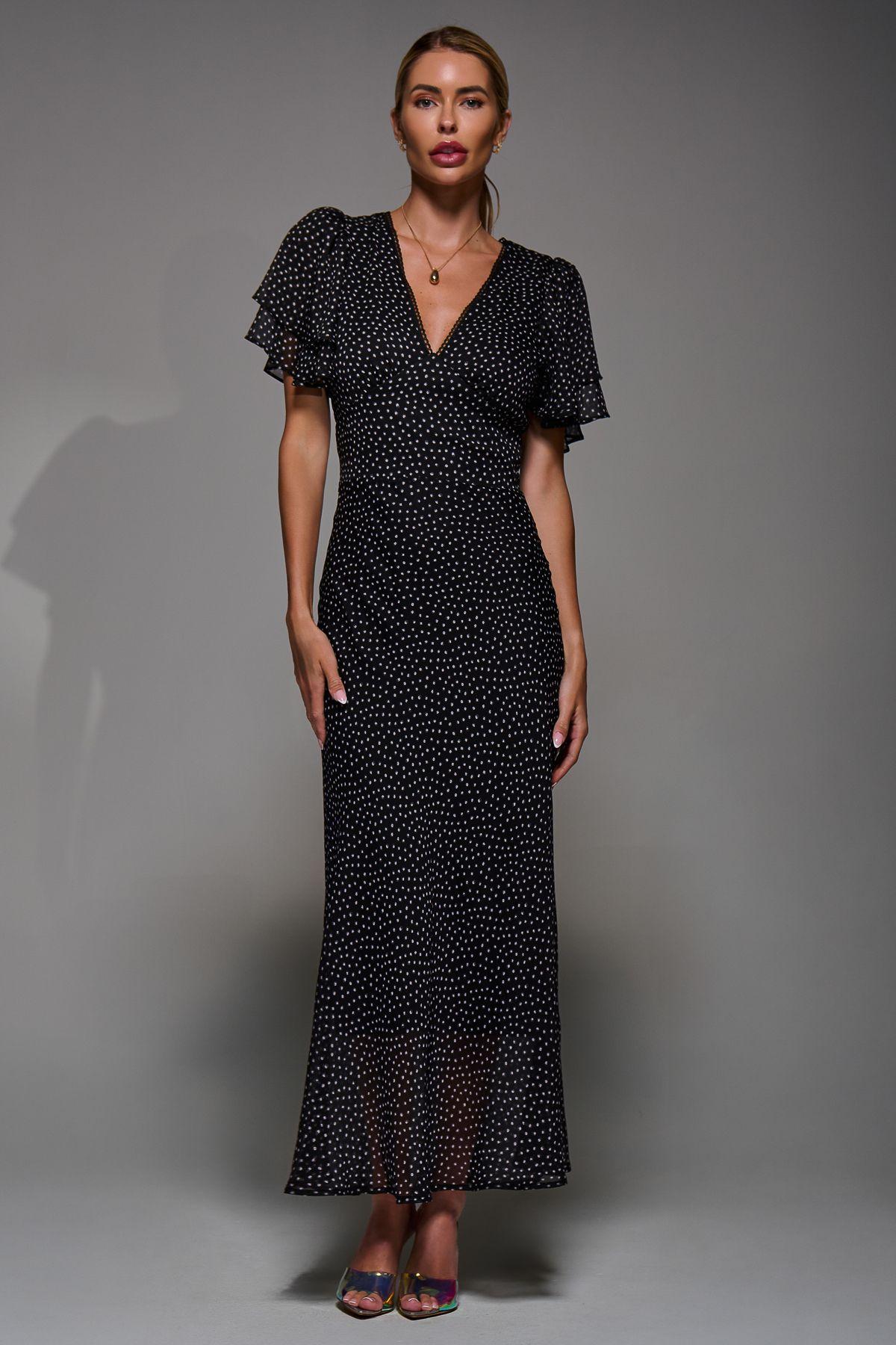 V-Neck Frill Sleeve Chiffon Midaxi Dress by JOLIE MOI