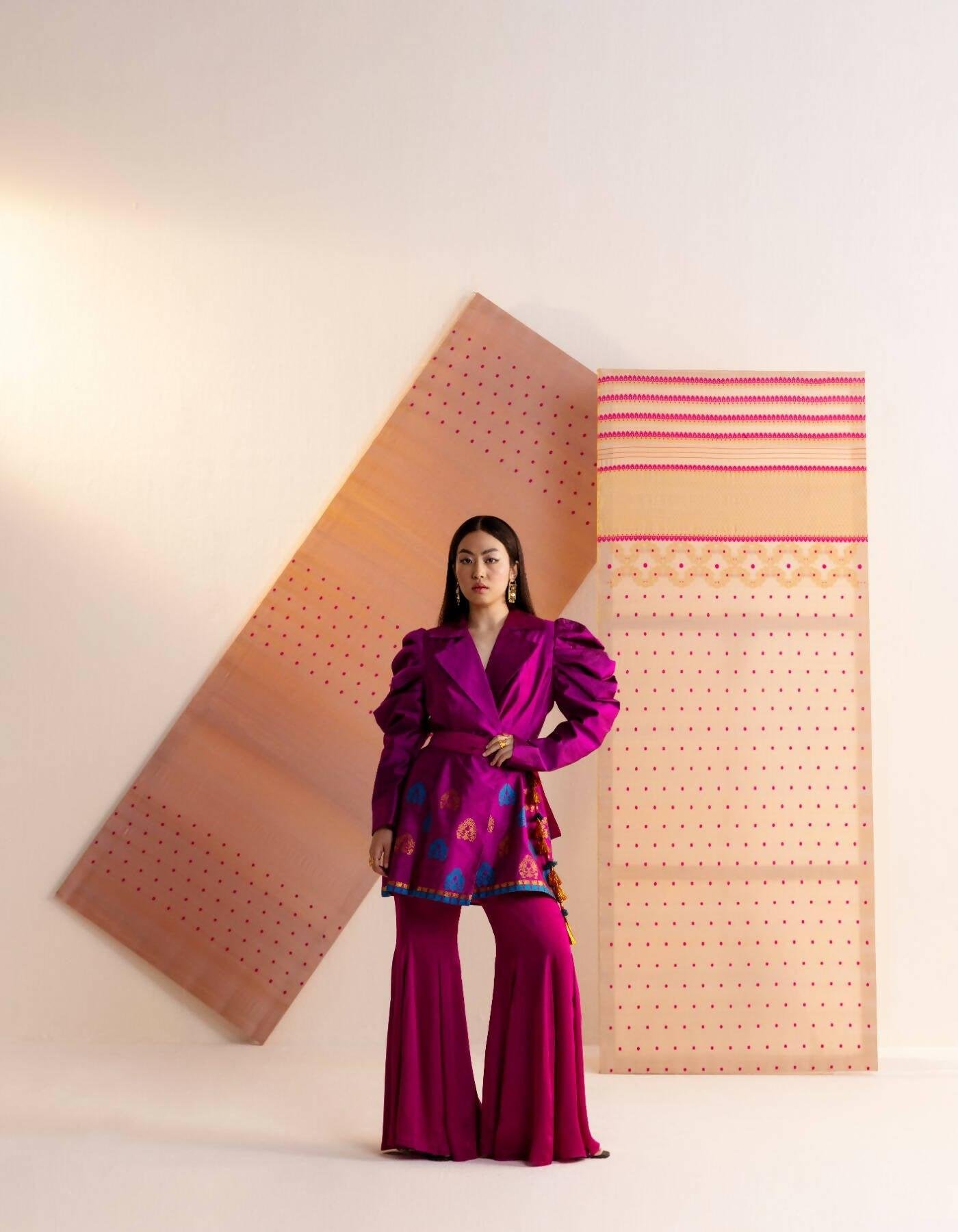 Pink Mulberry Silk Flared Sleeve Long Jacket/Kurta with Sharara by JOSKAI STUDIO