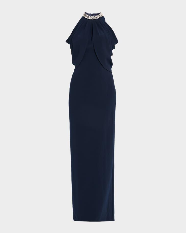 Crystal-Embellished Collar Draped Gown by JOVANI