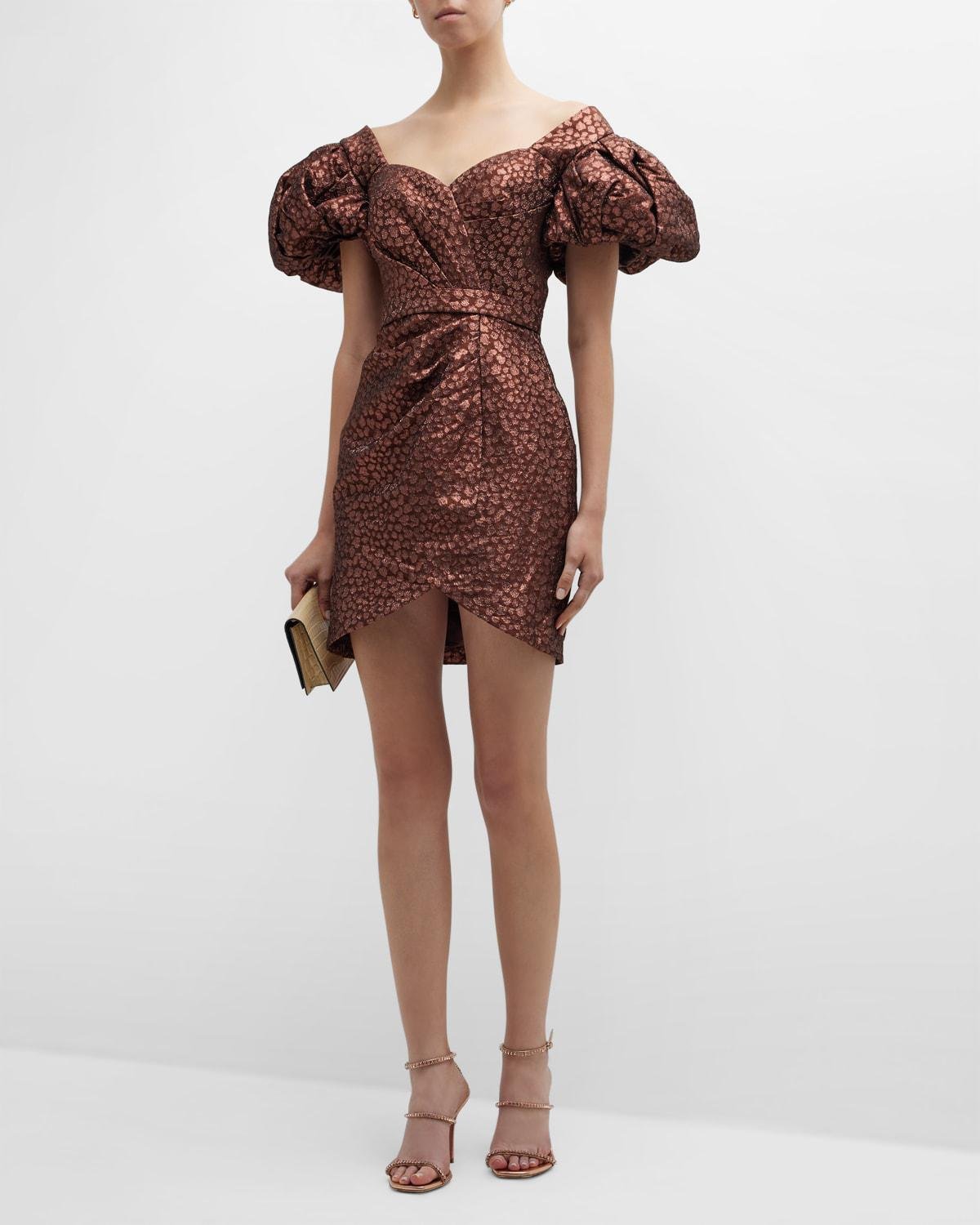 Off-Shoulder Metallic Mini Dress by JOVANI