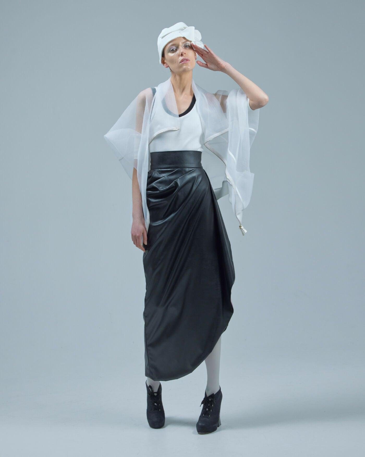 Designer Soft Faux Leather Asymmetrical Midi Skirt Black by JULIA ALLERT BRAND