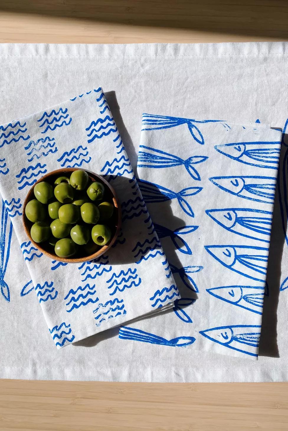 Julie Peach Block Printed Sardines Napkins by JULIE PEACH