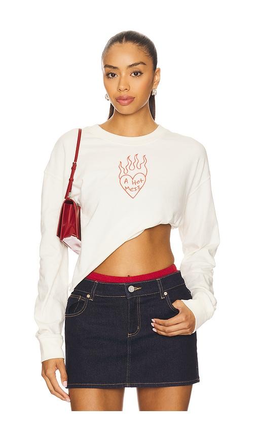 Junk Food A Hot Mess Kickoff Crop Crew Sweatshirt in White by JUNK FOOD
