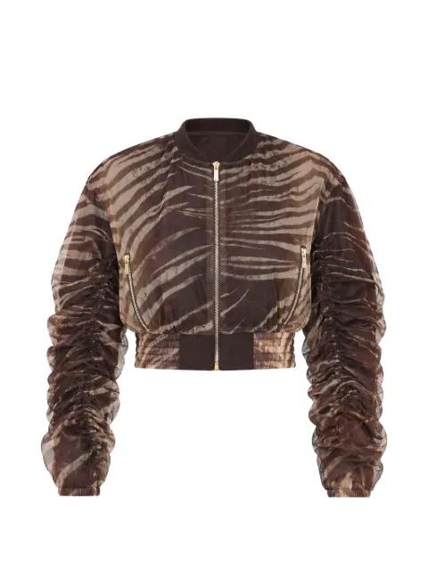 zebra-print ruched-sleeve zip-up jacket by JUST CAVALLI