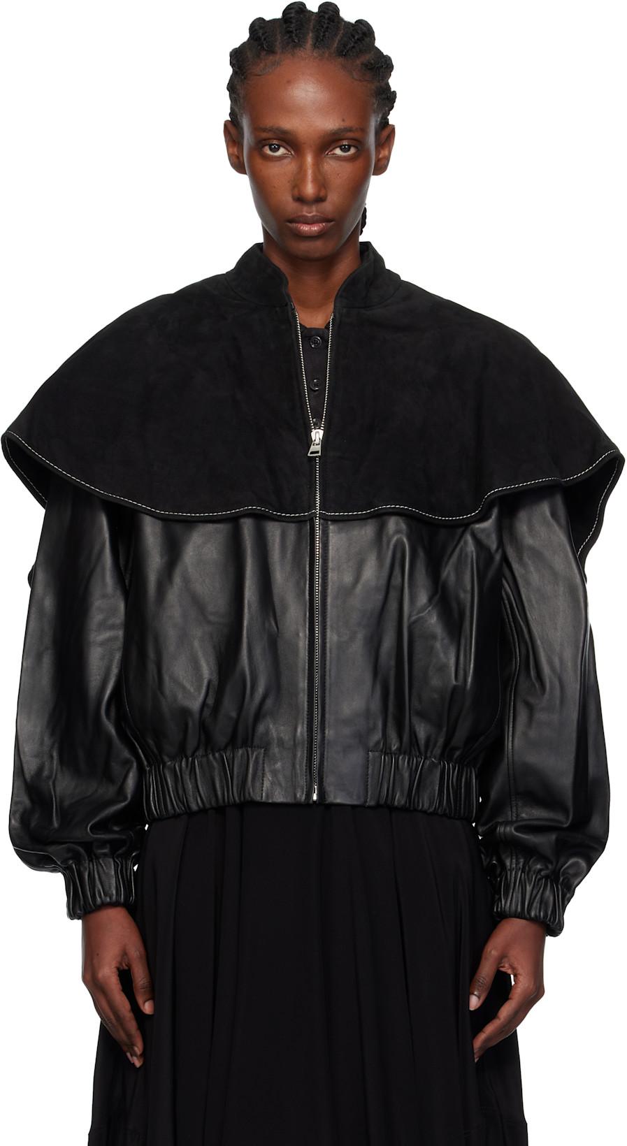 Black Oversized Collar Leather Bomber Jacket by JW ANDERSON