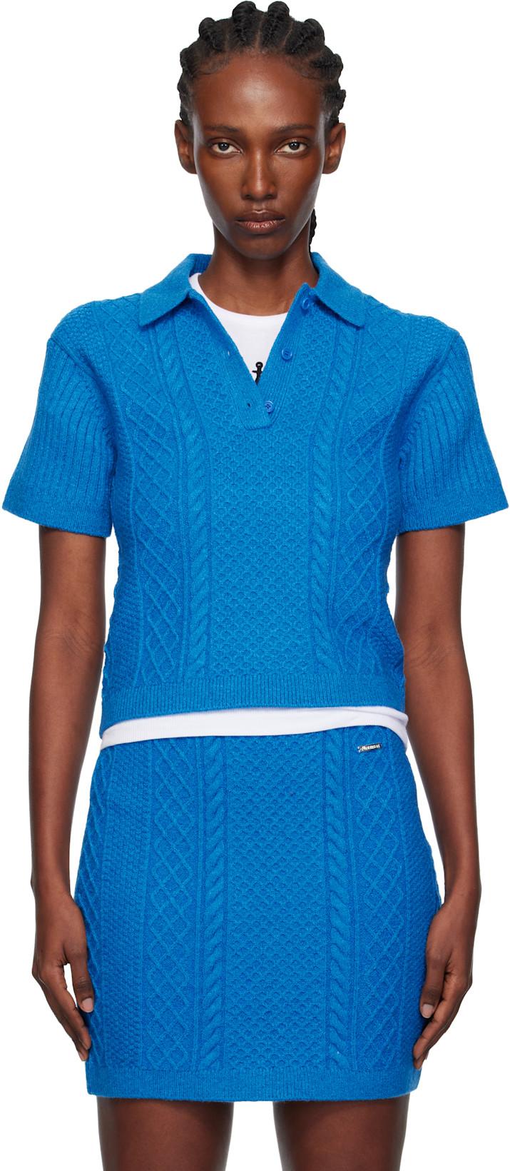 Blue Cropped Cable Knit Polo by JW ANDERSON
