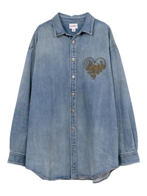 heart-embroidered denim shirt jacket by KAMIYA