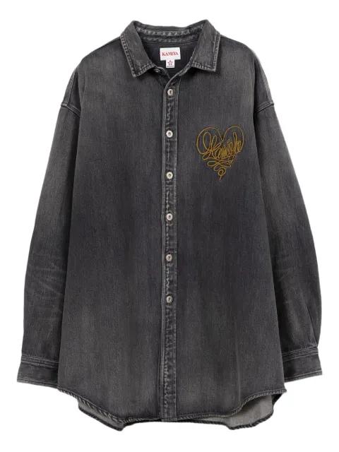 heart-embroidered denim shirt jacket by KAMIYA