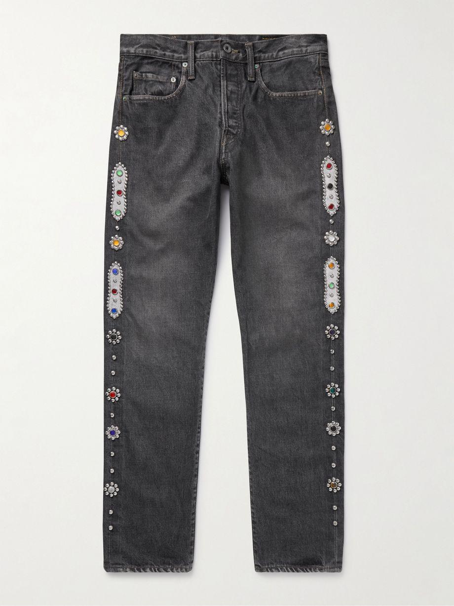 Monkey CISCO Straight-Leg Embellished Leather-Trimmed Jeans by KAPITAL Monkey CISCO Straight-Leg Embellished Leather-Trimmed Jeans by KAPITAL