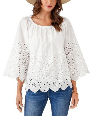 Cutout Embroidery Flared Sleeve Peasant Top by KAREN KANE
