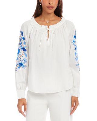 Embroidered Blouson Sleeve Tie Neck Peasant Top by KAREN KANE
