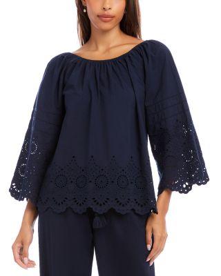 Flare Sleeve Embroidered Scallop Edge Peasant Top by KAREN KANE