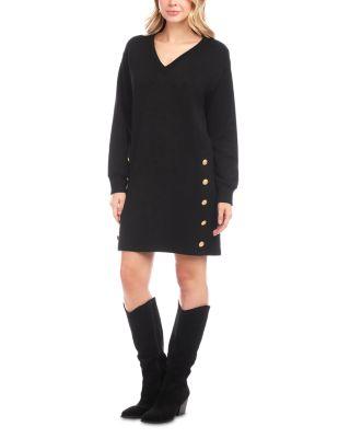 Long Sleeve V Neck Button Detail Dress by KAREN KANE