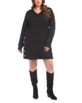 Plus Long Sleeve V Neck Button Detail Dress by KAREN KANE
