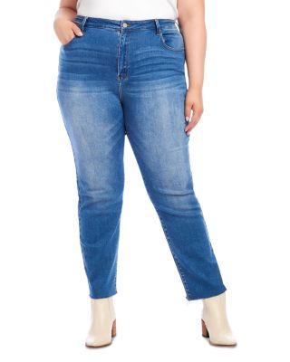 Plus Size High Rise Raw Hem Straight Jeans in Denim by KAREN KANE