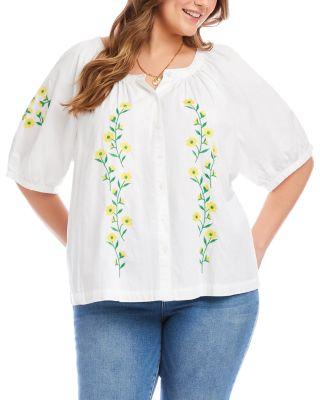 Plus Size Puff Sleeve Embroidered Peasant Top by KAREN KANE