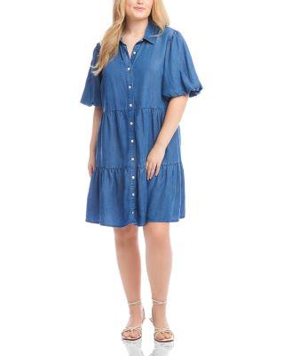 Plus Size Puff Sleeve Tiered Shirt Dress by KAREN KANE