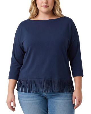 Plus Size Three Quarter Sleeve Fringe Trim Boat Neck Top by KAREN KANE
