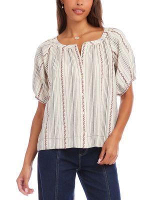 Stripe Puff Sleeve Embroidered Peasant Top by KAREN KANE