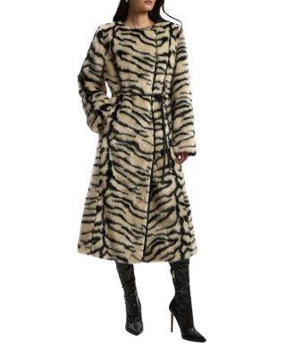 Faux Fur Collarless Tie Belted Midi Coat by KAREN MILLEN