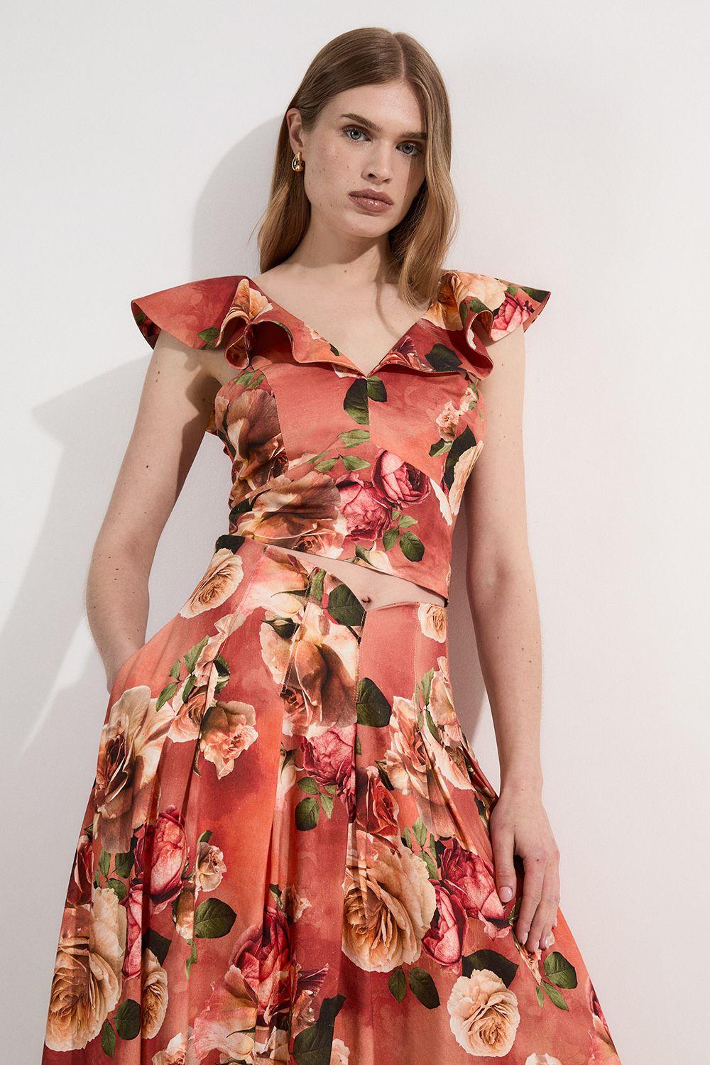 Linen Viscose Floral Printed Woven Ruffle Detail Top by KAREN MILLEN