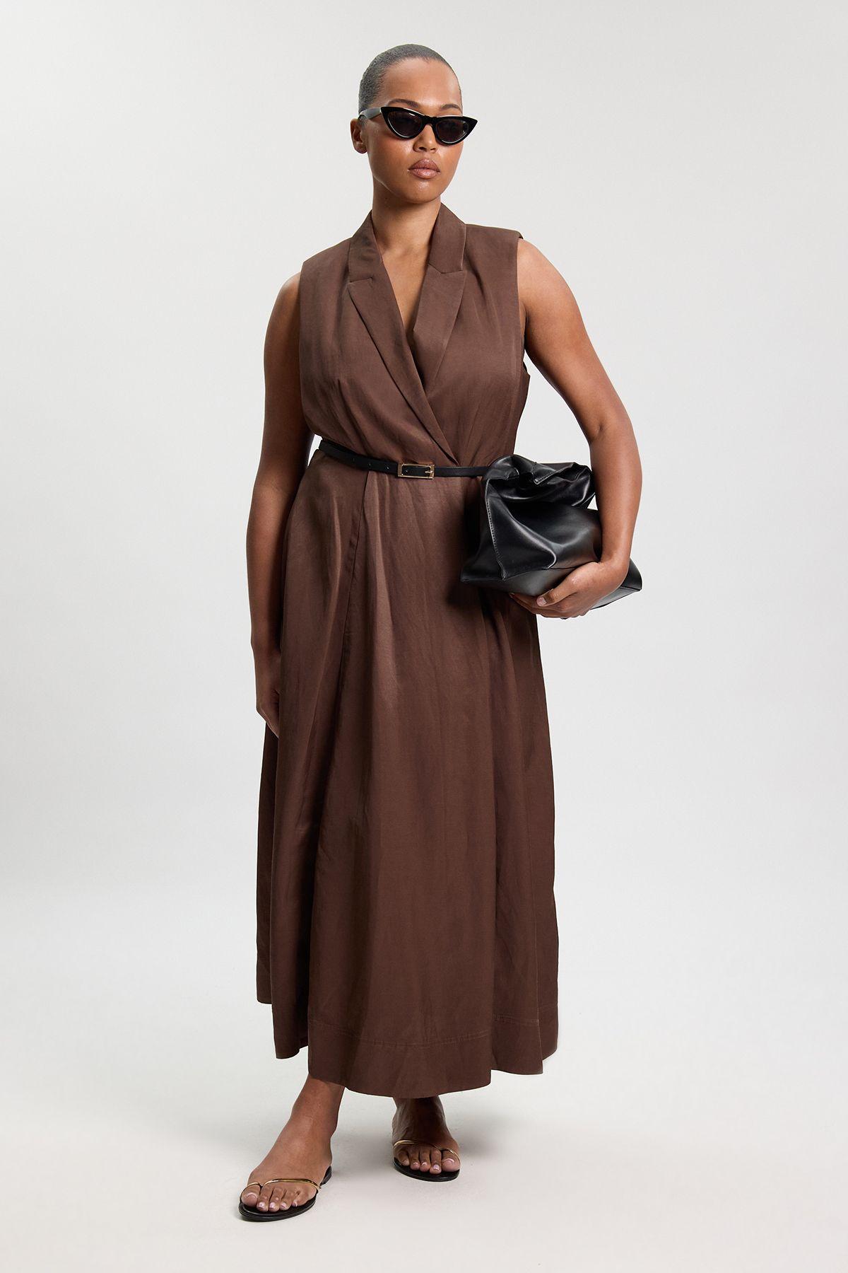 Plus Size Premium Viscose Linen Tailored Belted Full Skirted Midi Dress by KAREN MILLEN