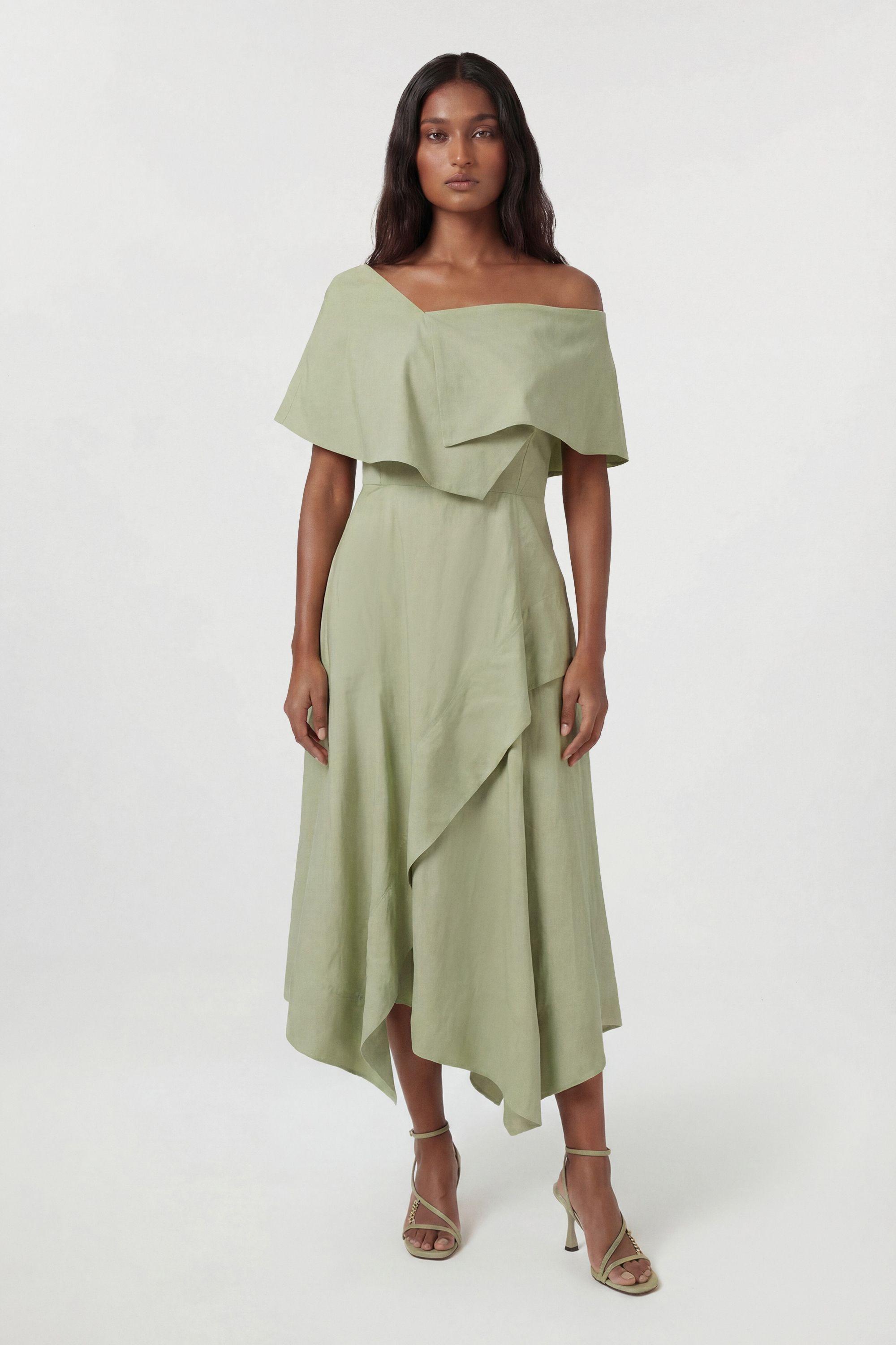 Premium Viscose Linen Tailored Asymmetric Neck Full Skirted Midi Dress by KAREN MILLEN