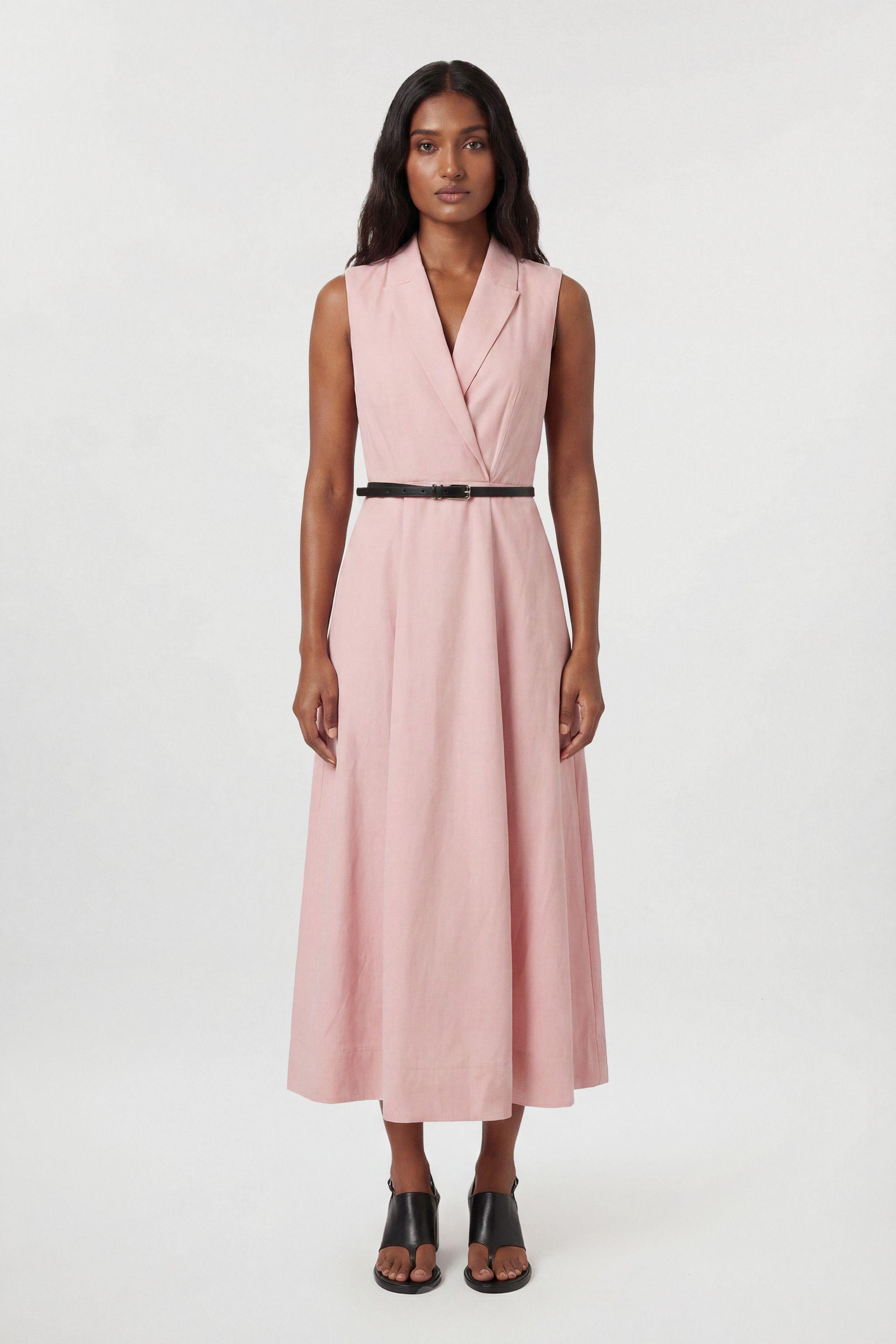 Premium Viscose Linen Tailored Belted Full Skirted Midi Dress by KAREN MILLEN