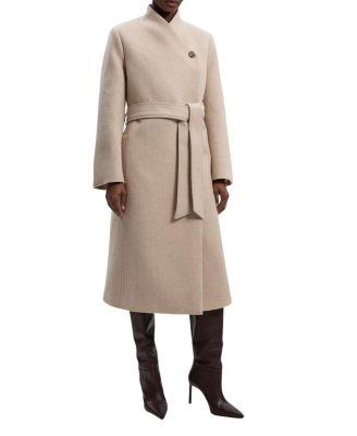 Wool Wrap Neck Tailored Belted Midi Coat by KAREN MILLEN