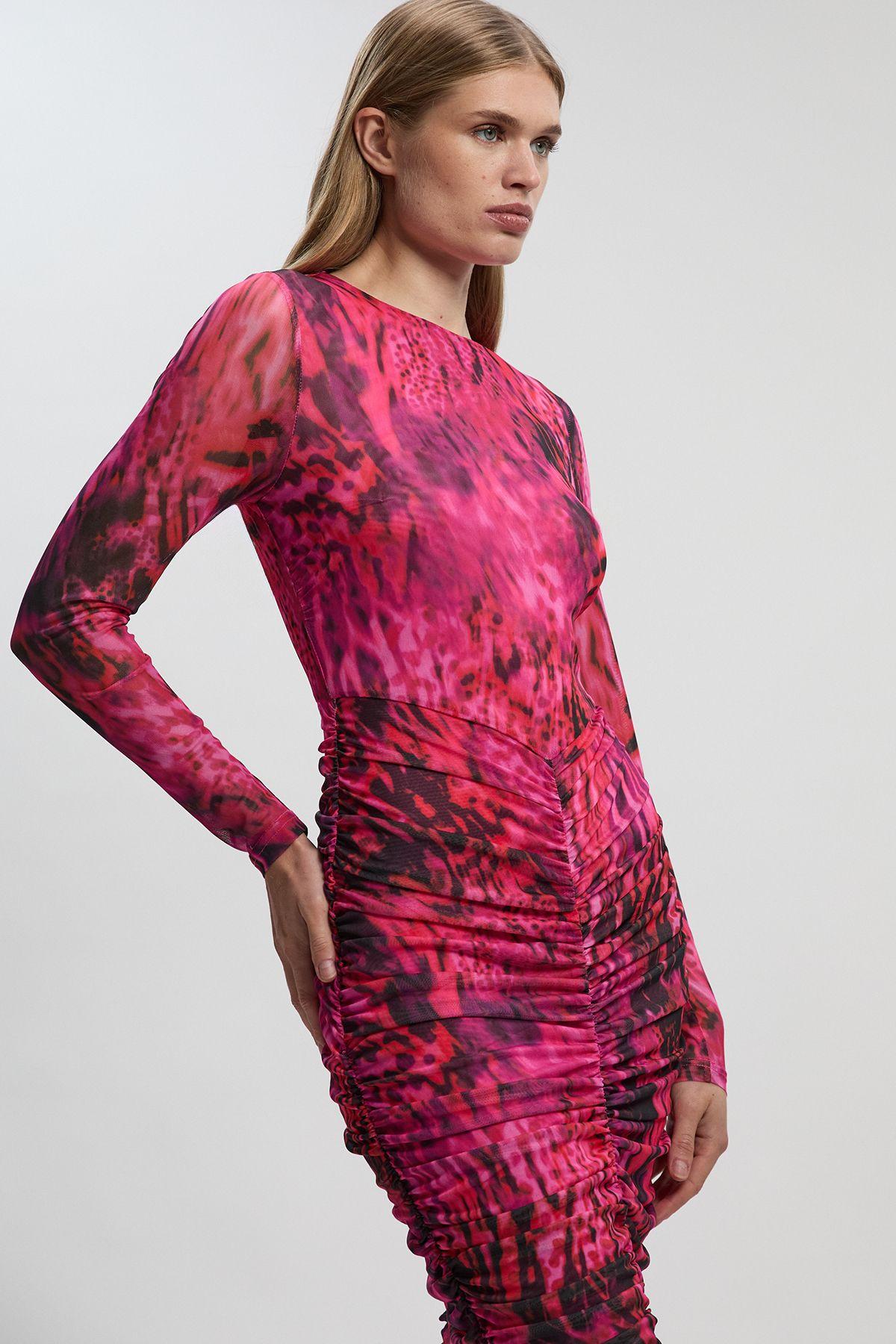 Animal Print Mesh Ruched Maxi Dress by KARENMILLEN
