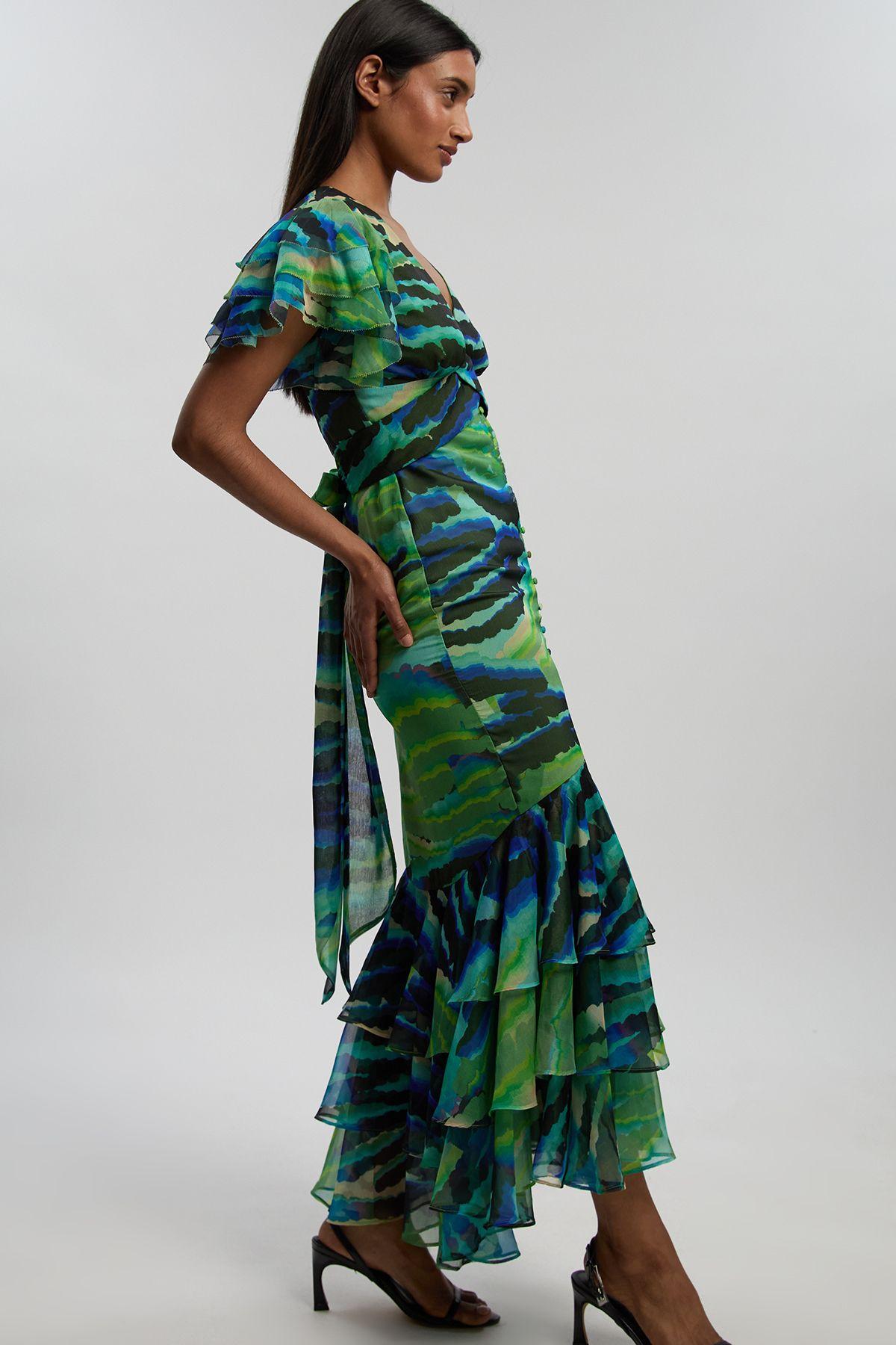 Animal Ruffle Sleeve Button Through Maxi Dress by KARENMILLEN