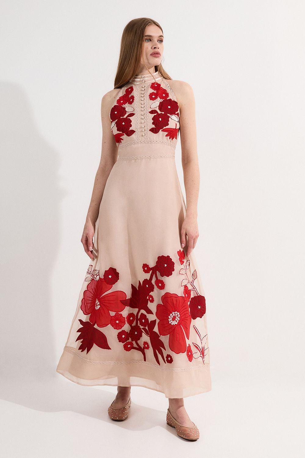 Applique Organdie Buttoned Halter Neck Maxi Dress by KARENMILLEN