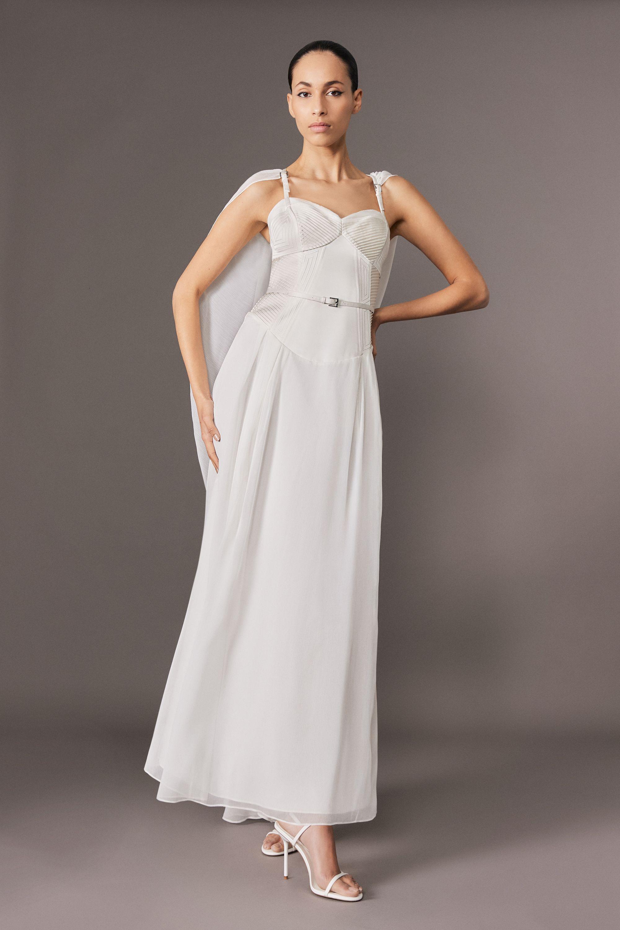 Archive Collection - Petite Corset Detail Georgette Cape Woven Maxi Dress by KARENMILLEN