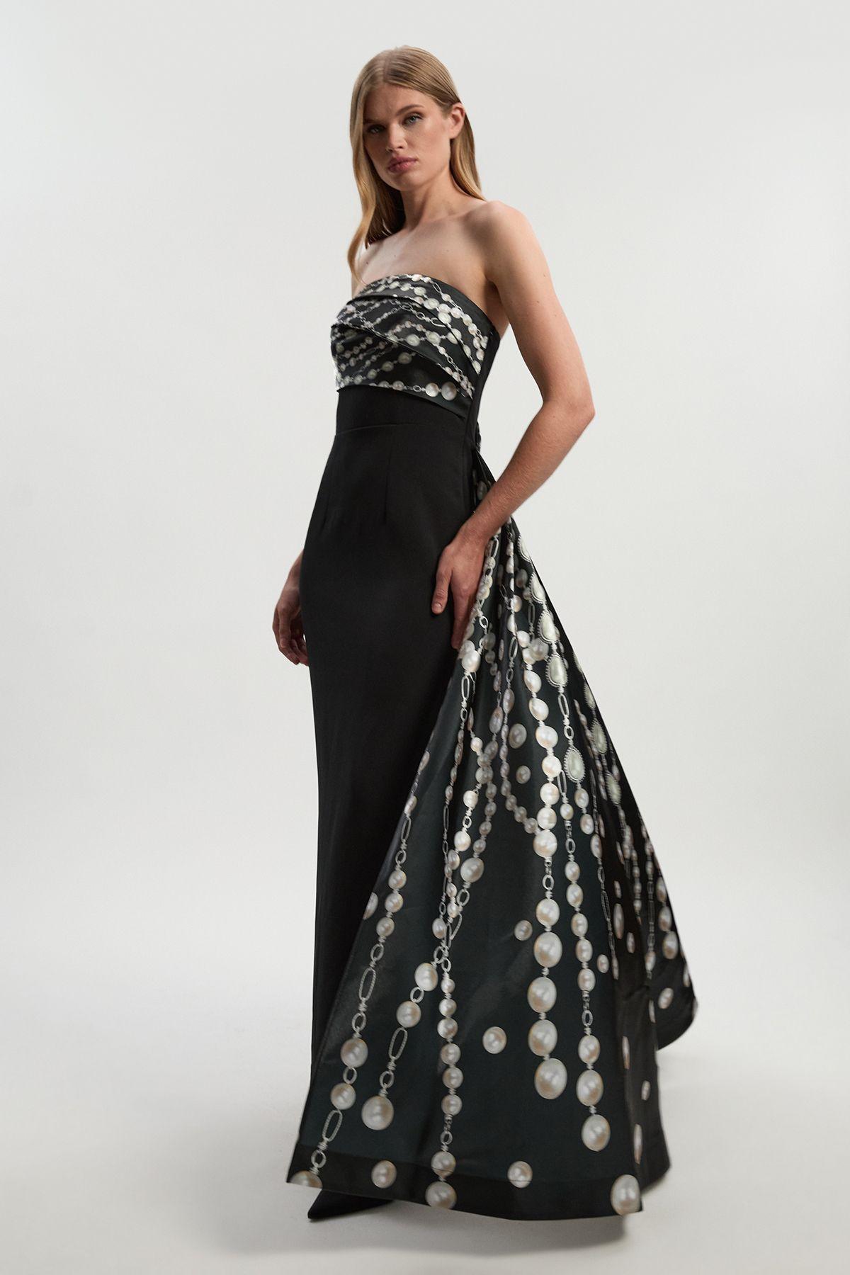Archive Collection - Petite Pearl Chain Print Corset Maxi Dress by KARENMILLEN