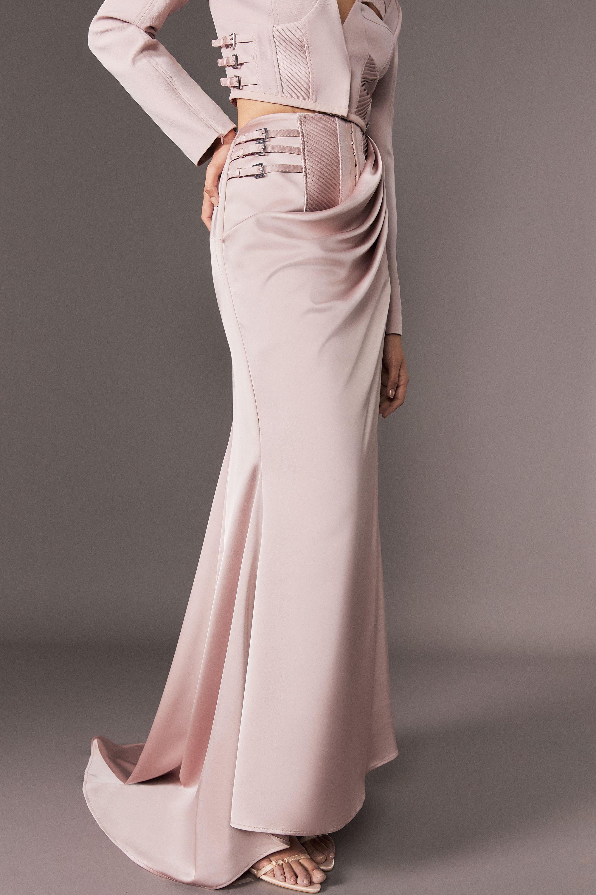 Archive Collection - Tailored Satin Drape Corset Detail Fishtail Maxi Skirt by KARENMILLEN