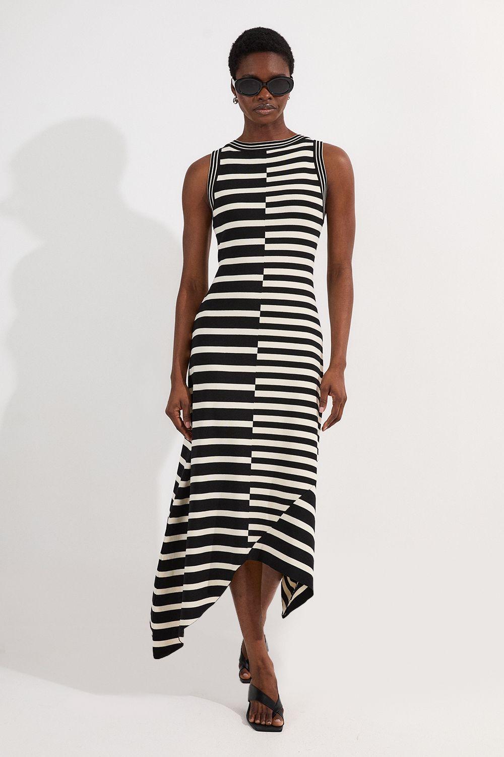 Asymmetric Hem Cut About Stripe Sleeveless Knitted Midi Dress by KARENMILLEN
