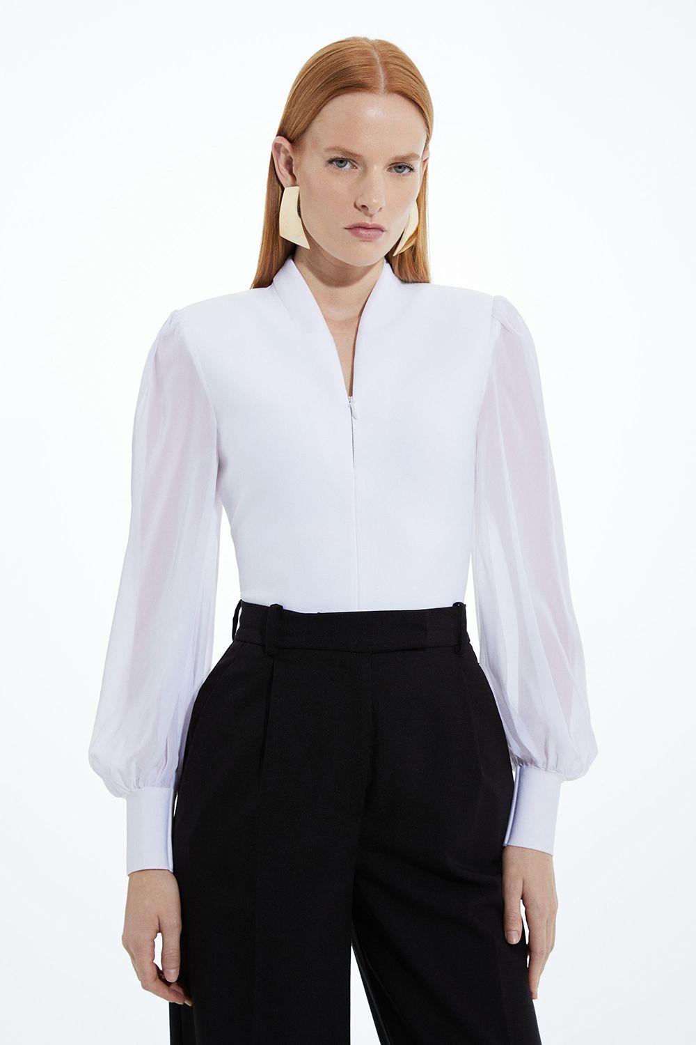 Bandage Figure Form Zip Detail Chiffon Sleeve Knit Top by KARENMILLEN