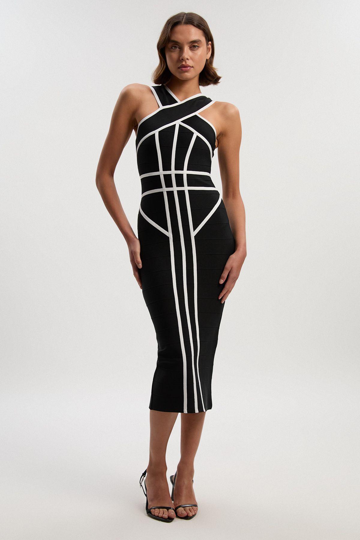 Bandage Knit Contrast Cross Front Dress by KARENMILLEN