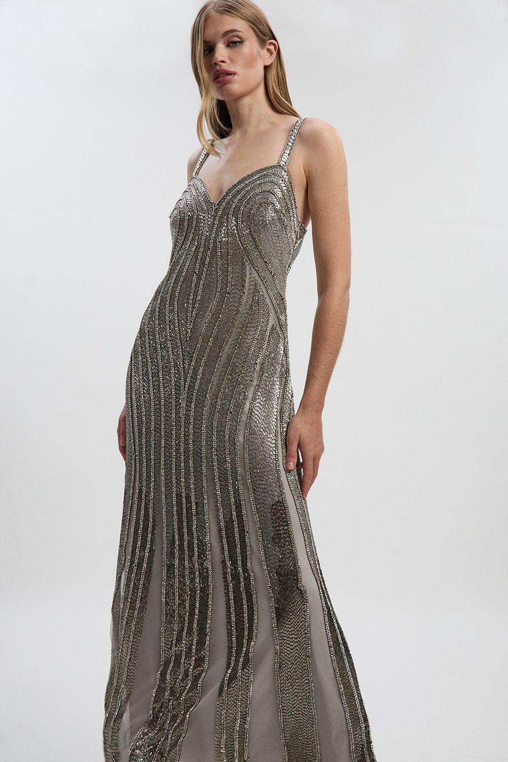 Beaded Contour Sweet Heart Neckline Woven Maxi Dress by KARENMILLEN