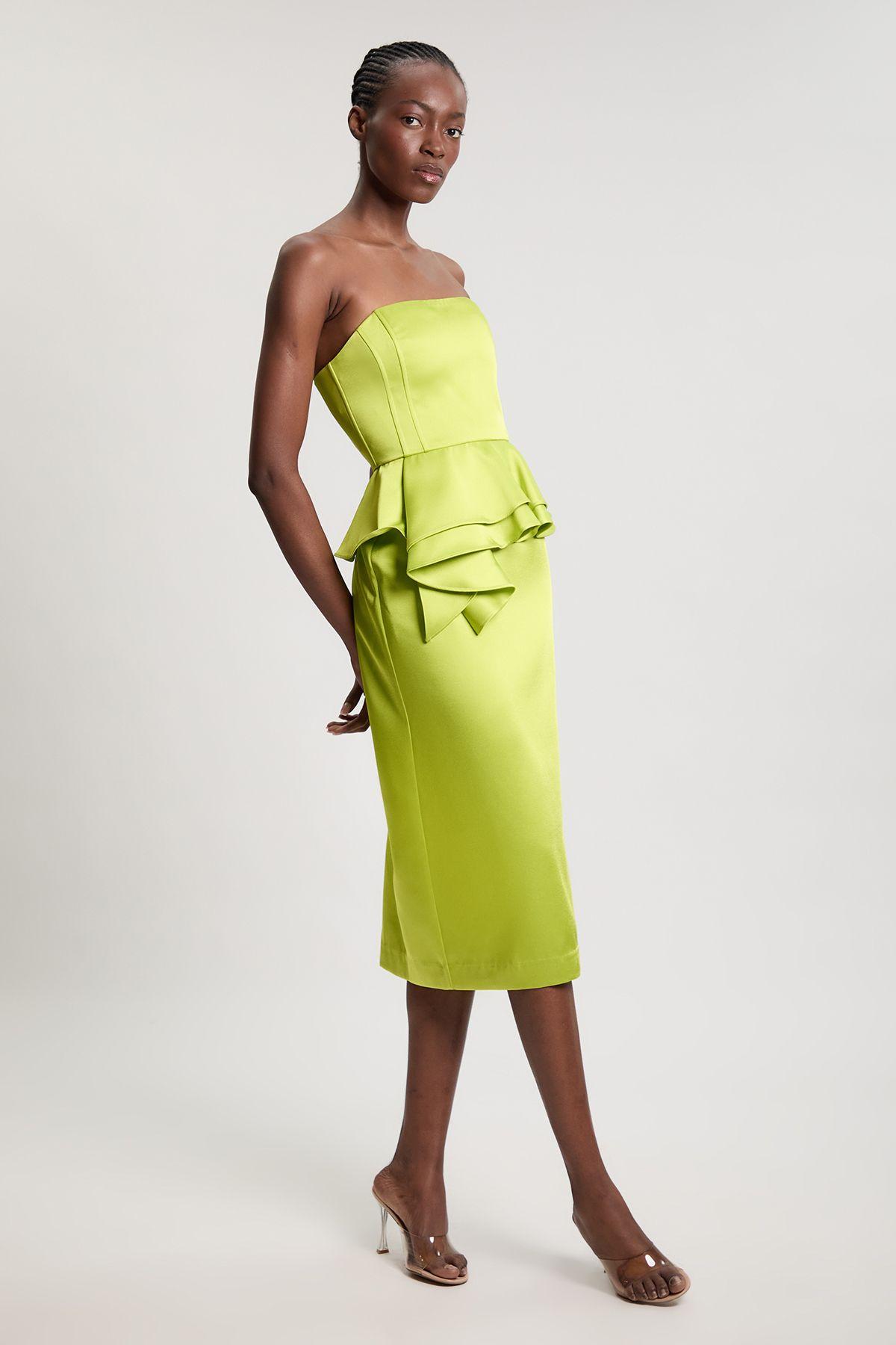 Bonded Satin Peplum Pencil Woven Midi Dress by KARENMILLEN