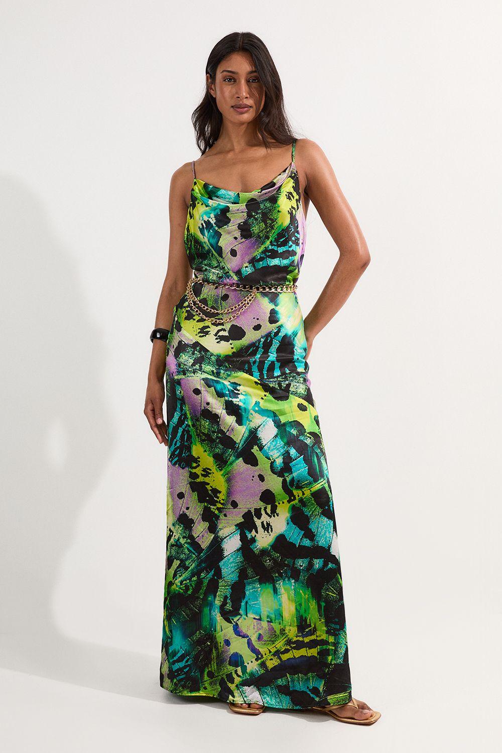 Butterfly Viscose Satin Cowl Detail Belted Maxi Dress by KARENMILLEN Butterfly Viscose Satin Cowl Detail Belted Maxi Dress by KARENMILLEN