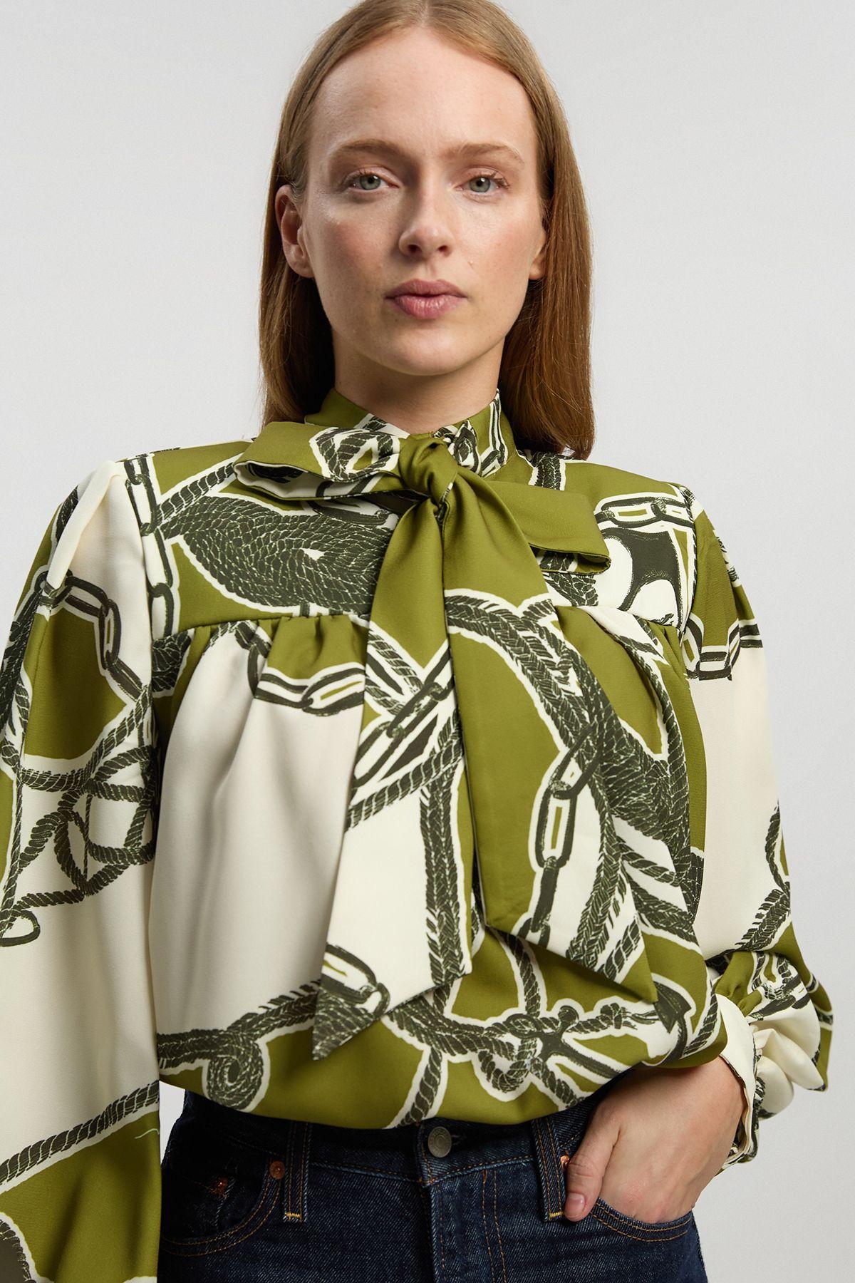 Chain Print Woven Balloon Blouse With Tie Detail by KARENMILLEN