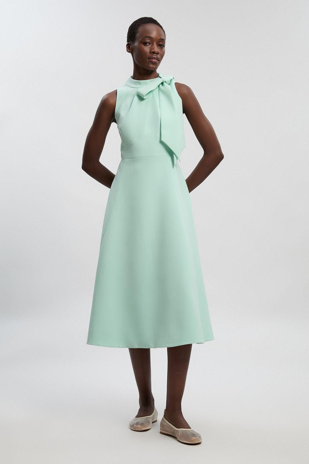 Compact Stretch Bow Tie Neck Full Skirted Midi Dress by KARENMILLEN
