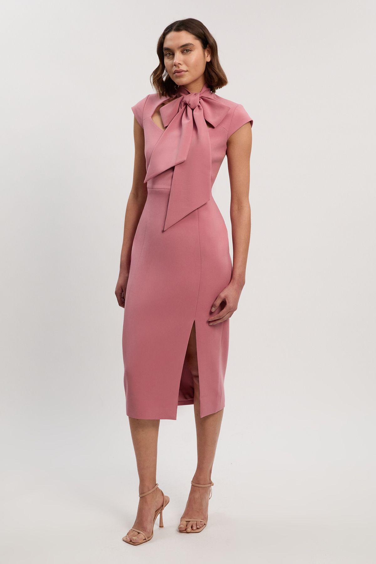 Compact Stretch Bow Tie Neck Tailored Pencil Midi Dress by KARENMILLEN