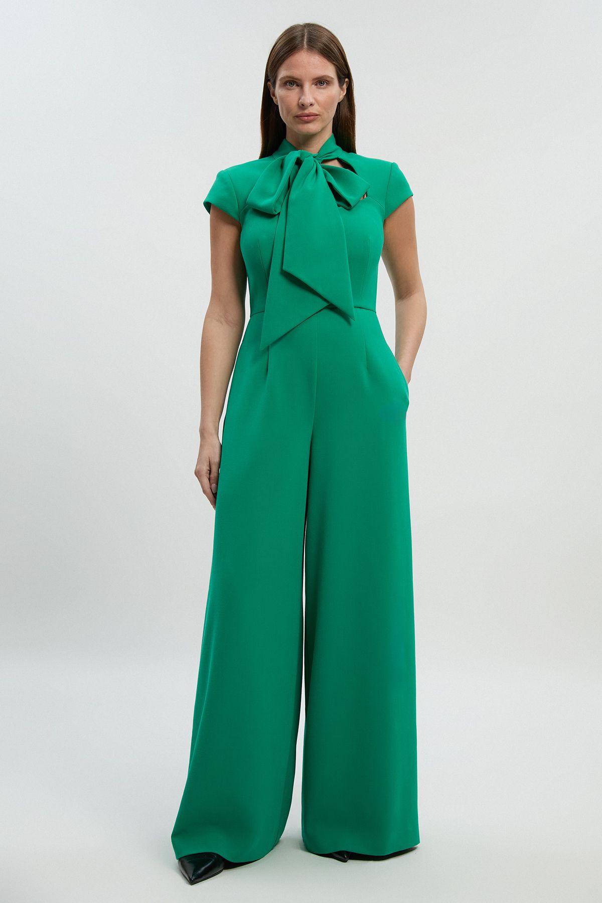 Compact Stretch Bow Tie Neck Tailored Wide Leg Jumpsuit by KARENMILLEN