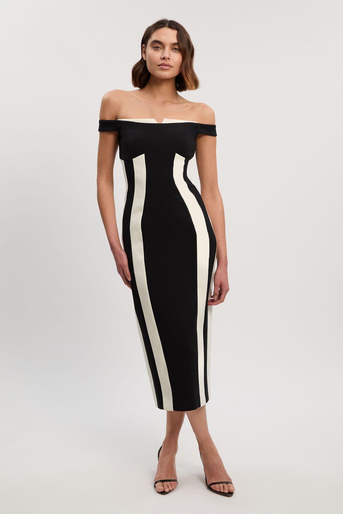 Compact Stretch Colour Block Tailored Bardot Midi Dress by KARENMILLEN